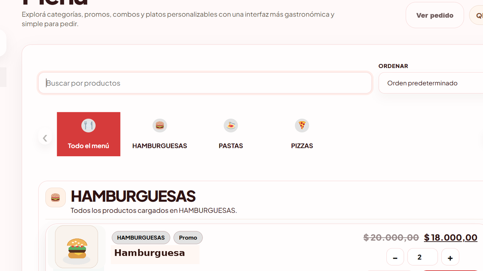 Vista real de una tienda online resto con menú, combos y pedidos por internet