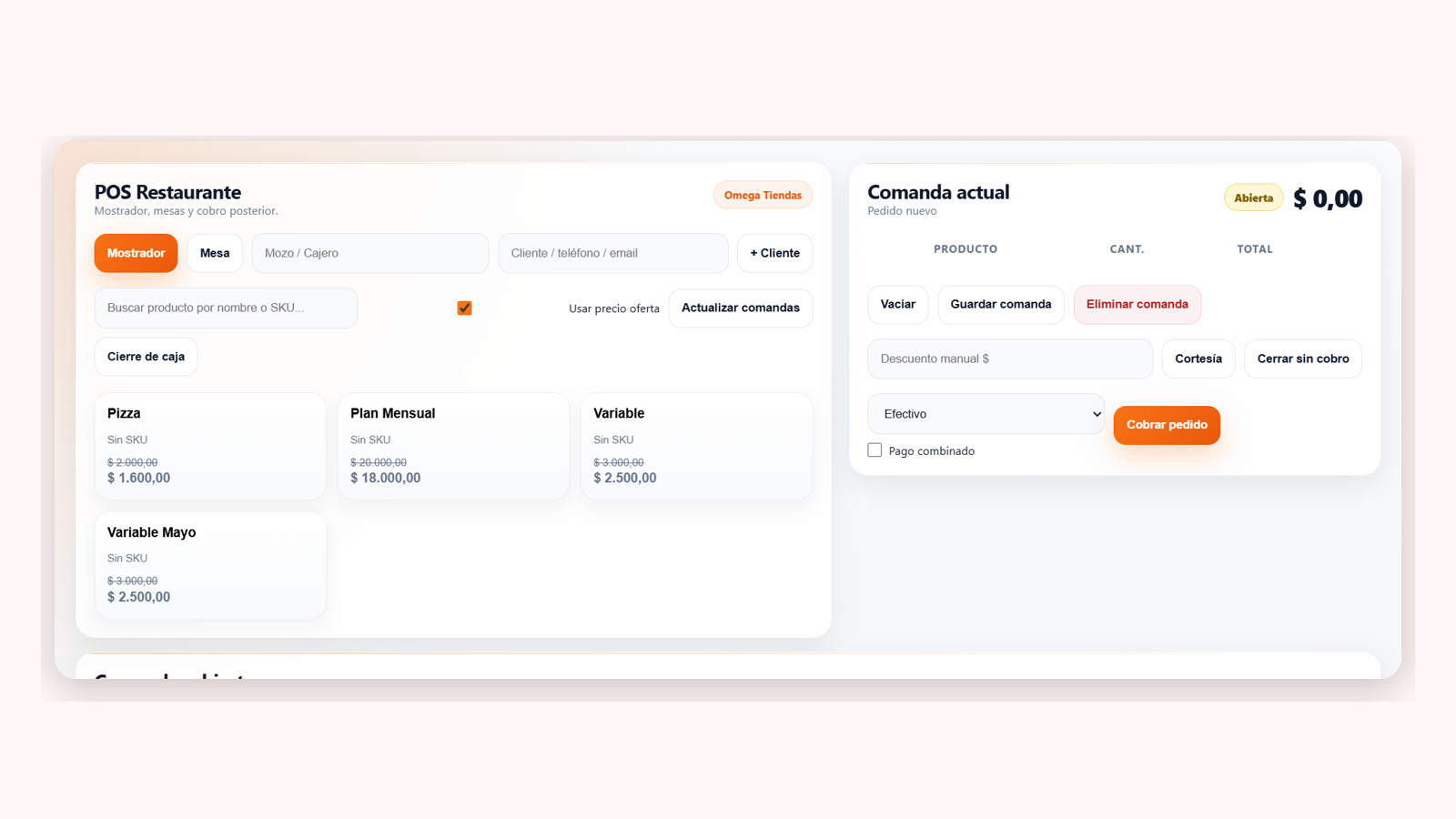 Vista real del punto de venta resto con mesas, comandas y cobro rápido